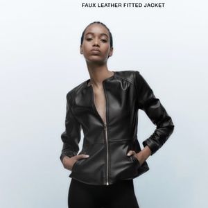 Zara collarless faux leather fitted jacket NWT